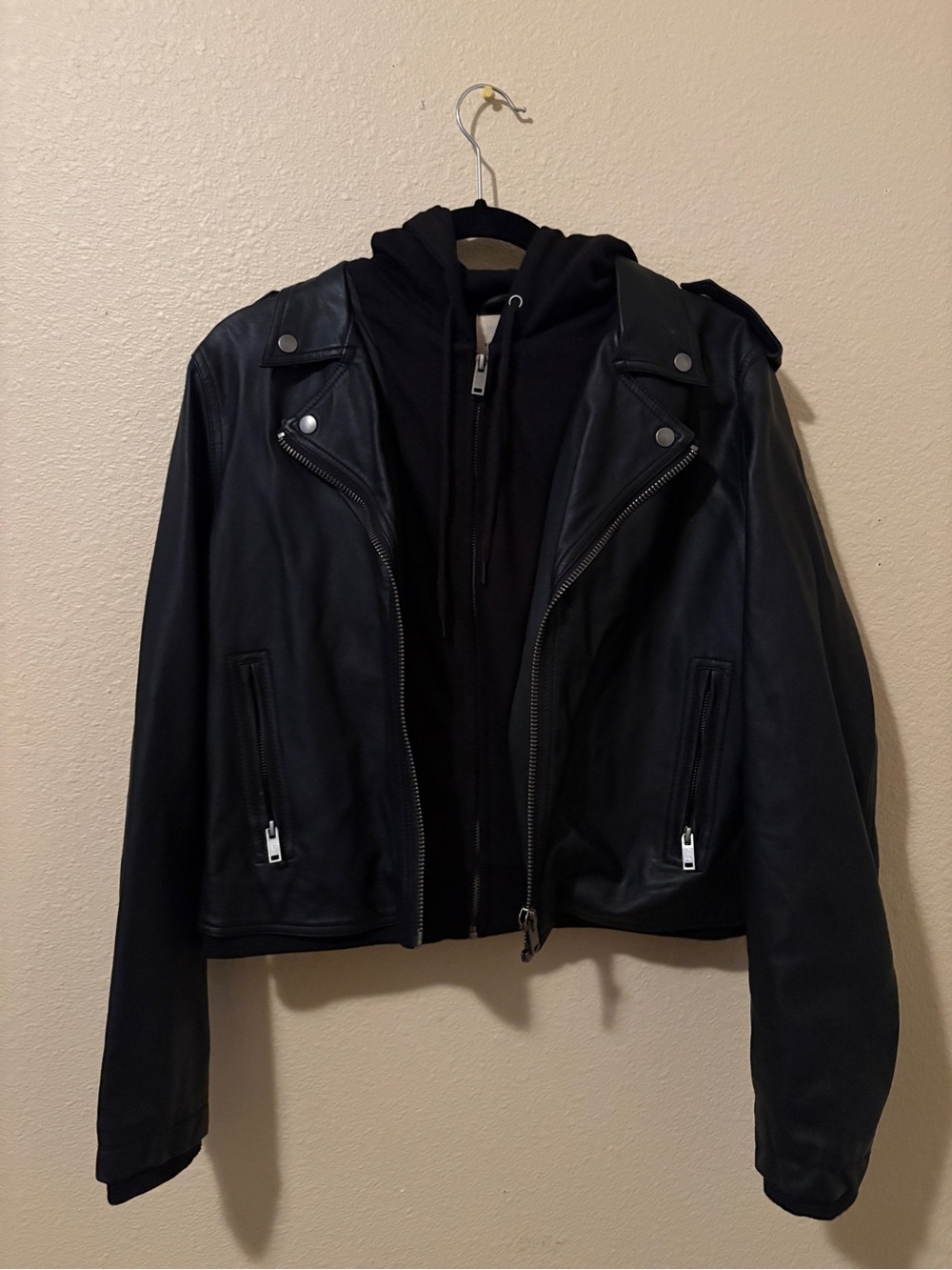 silence + noise Black Faux Leather Moto Jacket with Hoodie Layer